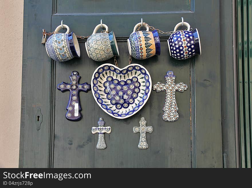 Glazed ceramics as showpieces of ceramics shop on a street of Prague. Glazed ceramics as showpieces of ceramics shop on a street of Prague.