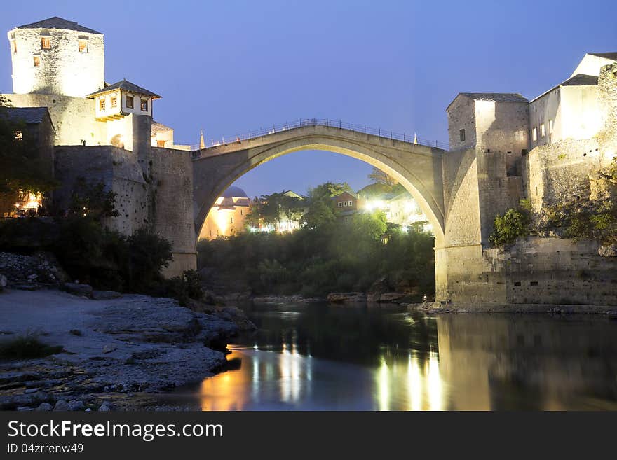 Old Bridge in Mostar at night, Bosnia and Herzegovina. Old Bridge in Mostar at night, Bosnia and Herzegovina