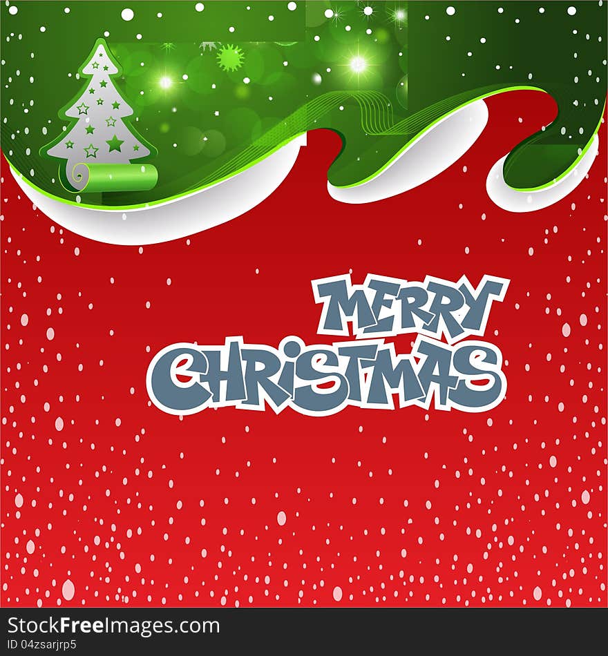 Vector image of christmas card with a red background with a christmas tree and merry christmas text