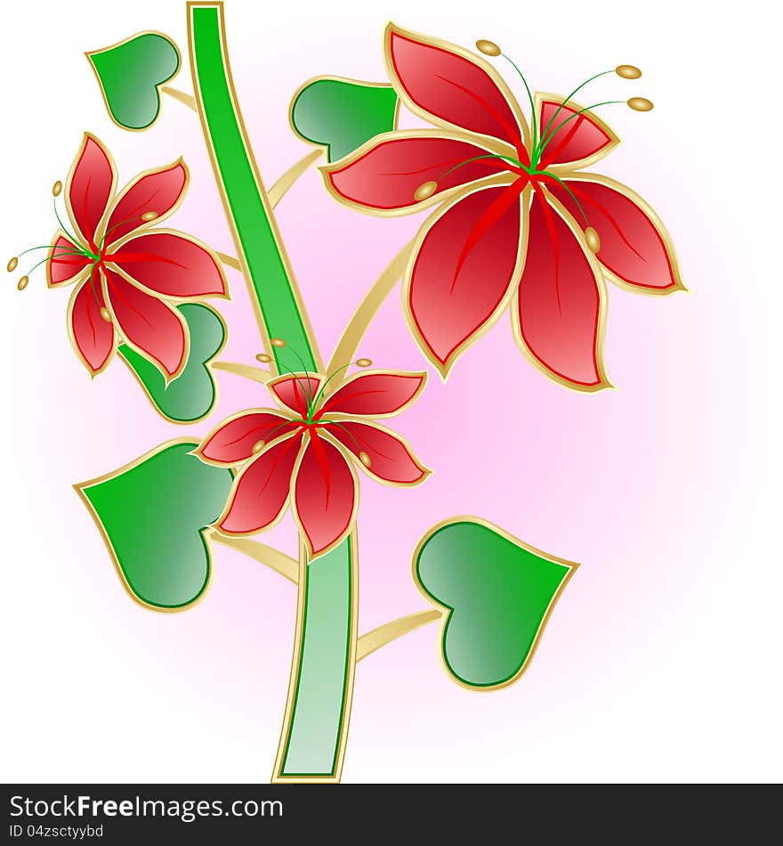 An abstract red flowers with green leaves