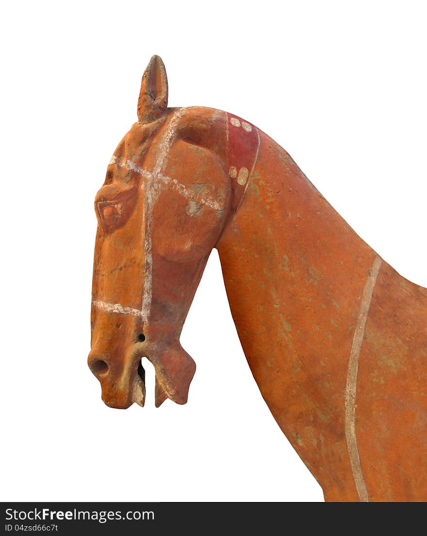 Ancient clay horse head isolated.