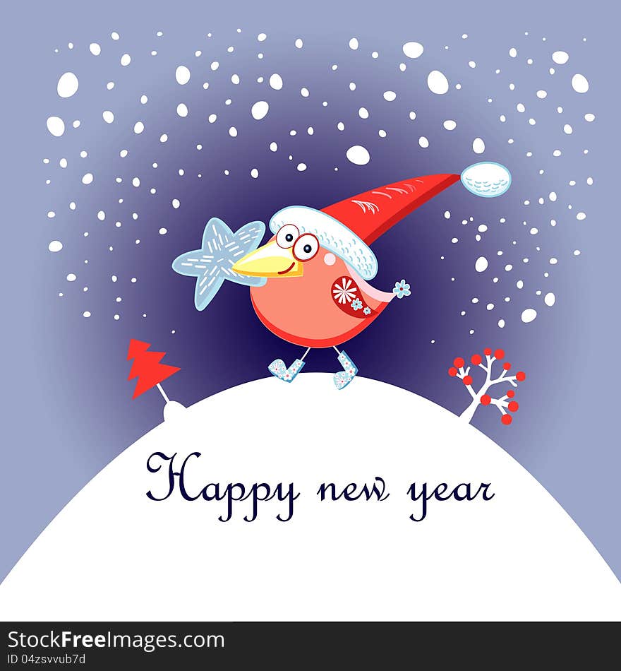 Bright greeting christmas card with a bird on a purple background with snow