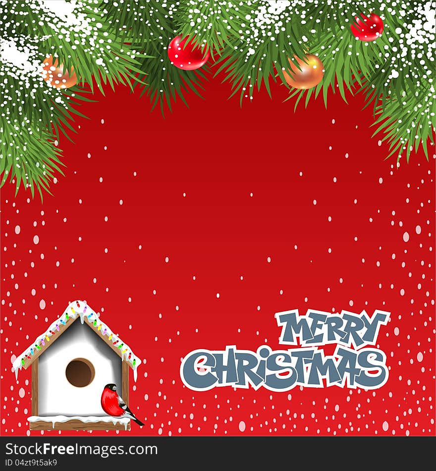 Vector image of christmas card with a red background with a christmas tree and merry christmas text