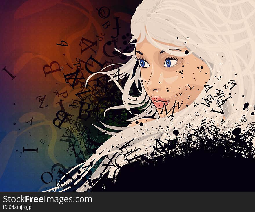 Illustration of grunge background with girl and text explosion.