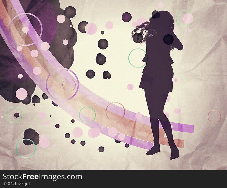 Illustration of grunge background with colorful lines and girl silhouette. Illustration of grunge background with colorful lines and girl silhouette.