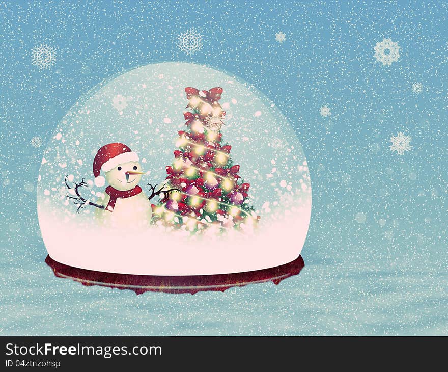 Illustration of magical snow globe with snowman on snow background.