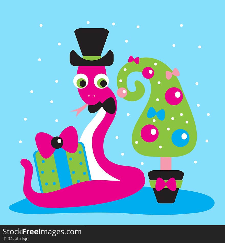 Snake 2013 in a hat with a gift and a Christmas tree. Snake 2013 in a hat with a gift and a Christmas tree