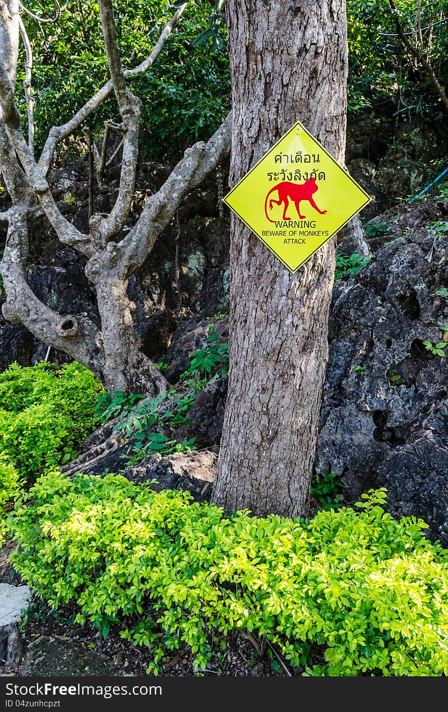 Warning, beware of monkeys attack sign in phra nakorn khiri, petchaburi. Warning, beware of monkeys attack sign in phra nakorn khiri, petchaburi