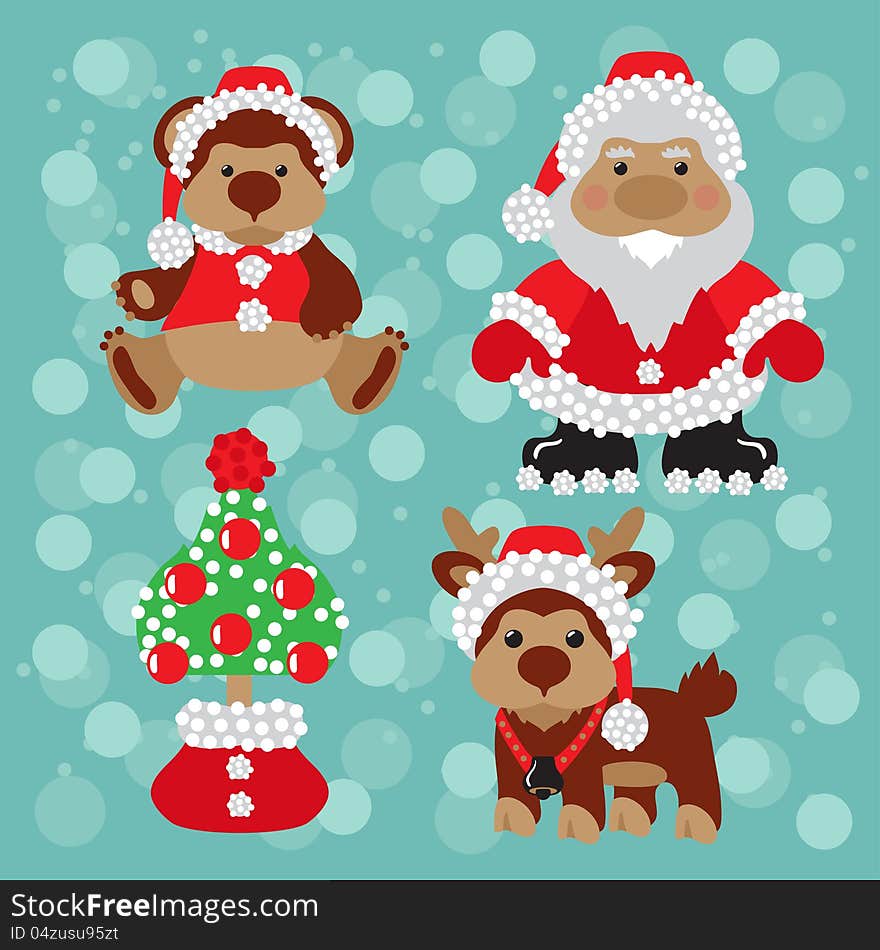 Jolly Santa Claus, toy bear, reindeer, Christmas tree in the bag. Jolly Santa Claus, toy bear, reindeer, Christmas tree in the bag