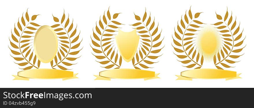 Three golden laurel wreaths isolated on a white background. Three golden laurel wreaths isolated on a white background