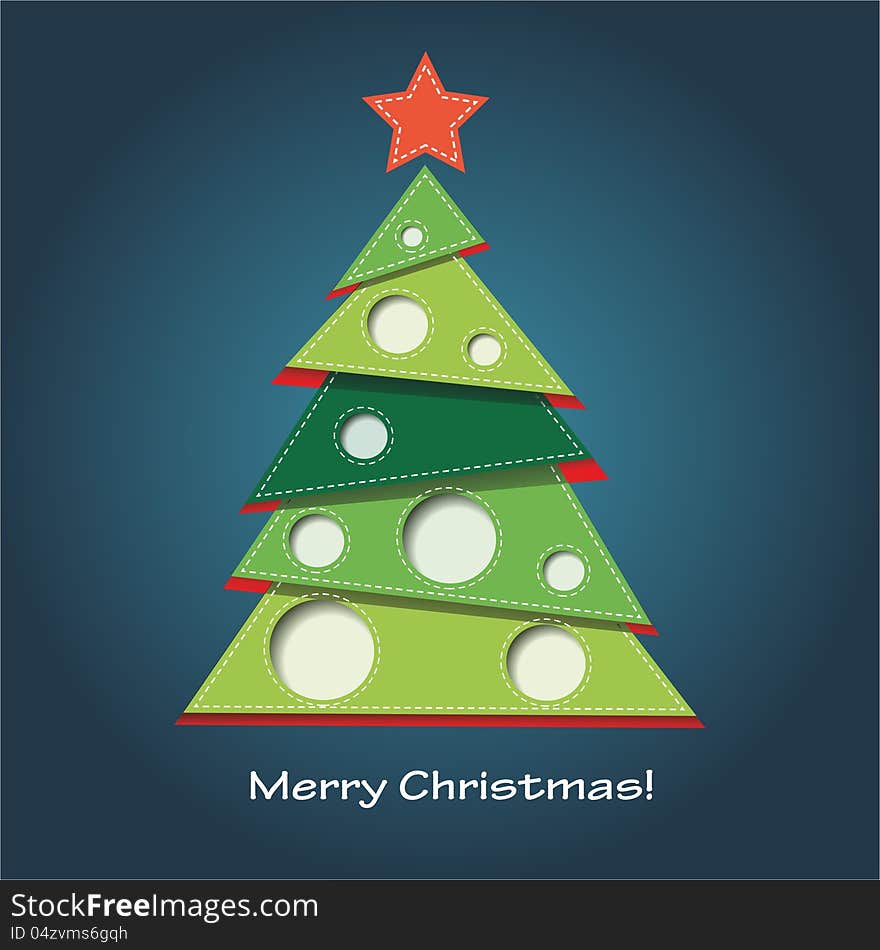 Vector image of christmas card with a blue background with a christmas tree and merry christmas text