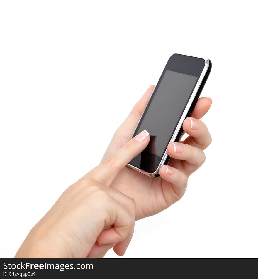 Female hands holding a phone and touches the screen