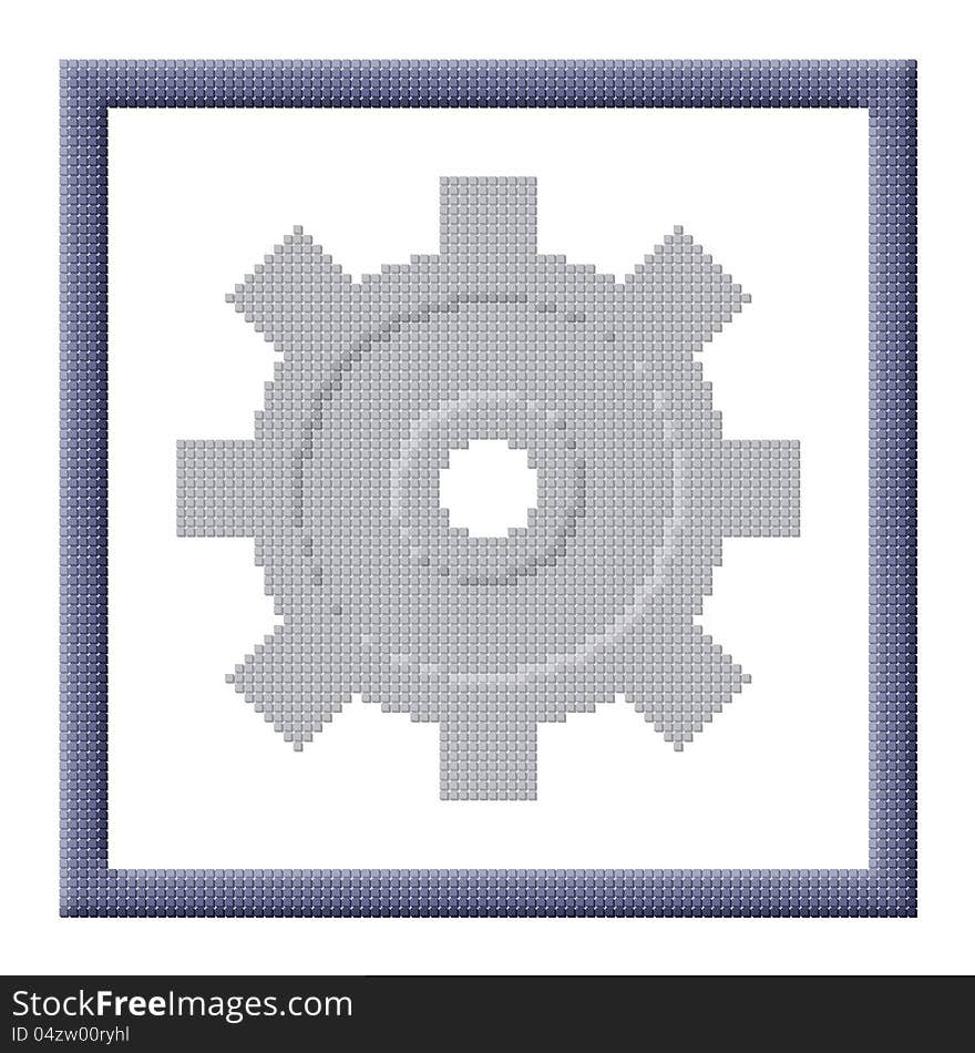Pixel icon image of gray cogwheel in frame consisting of cubes. Pixel icon image of gray cogwheel in frame consisting of cubes