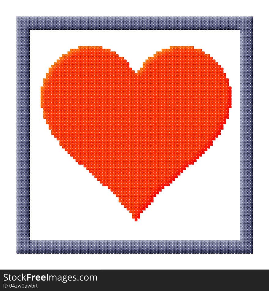 Pixel icon image of red heart in gray frame consisting of cubes. Pixel icon image of red heart in gray frame consisting of cubes