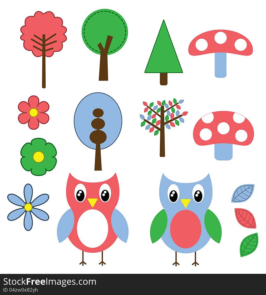 A set of woodland themed objects: Trees, owls, flowers, mushrooms. A set of woodland themed objects: Trees, owls, flowers, mushrooms.