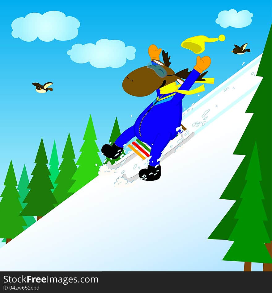 Elk rolls down the mountain on a sledge. Elk rolls down the mountain on a sledge