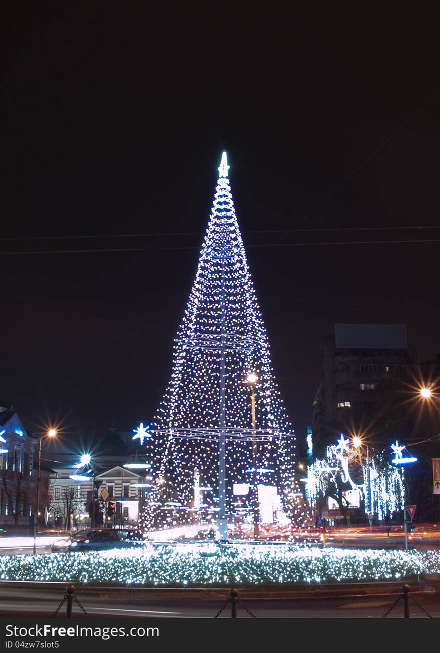 Christmas tree in University Square in Bucharest. Christmas tree in University Square in Bucharest.