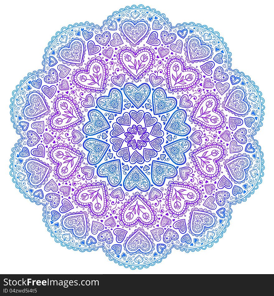 Ornamental round hearts pattern with details in Indian style. Ornamental round hearts pattern with details in Indian style