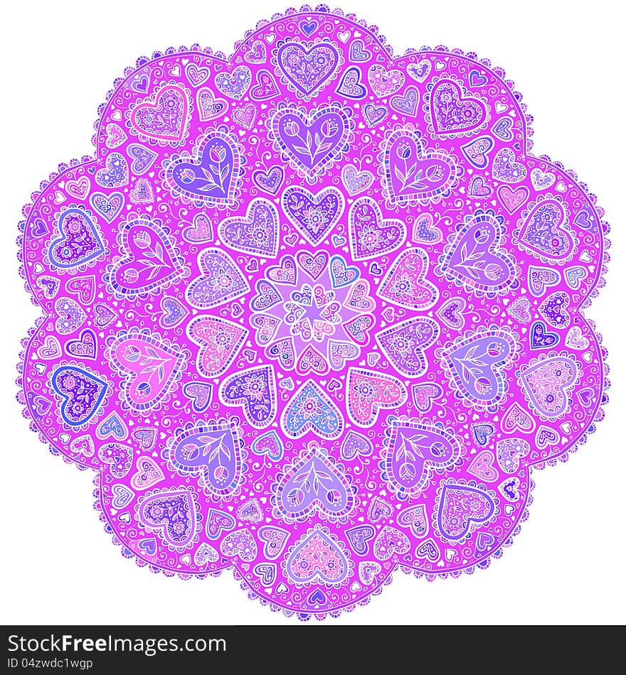 Ornamental round hearts pattern with details in Indian style. Ornamental round hearts pattern with details in Indian style