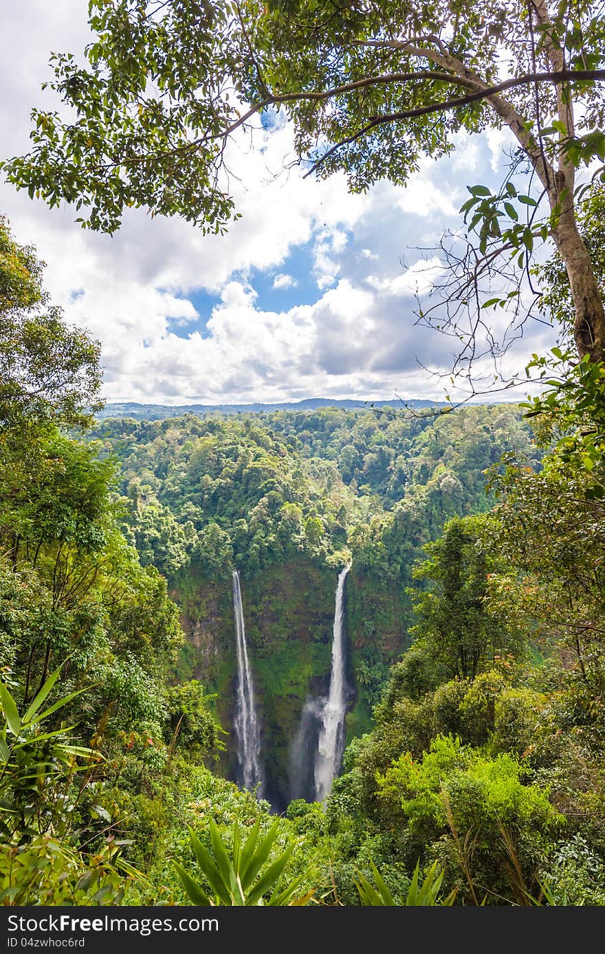 Wide shot of Tad Fan Waterfall in southern Laos