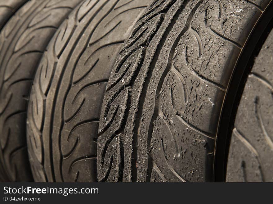 Close up shot of tire stack , partly worn out