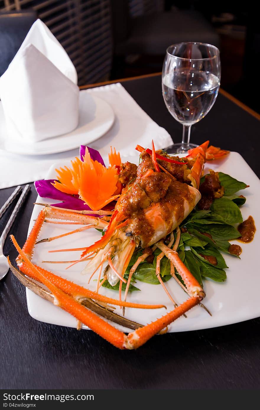 Thai food prawns stir fried with spicy sauce set on the table