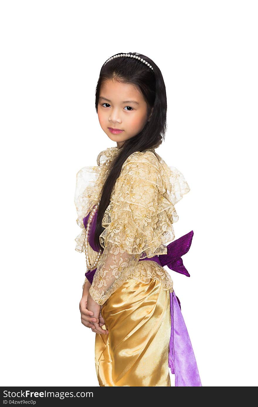 Portrait of the Thai beautiful little girl in Thai style traditi