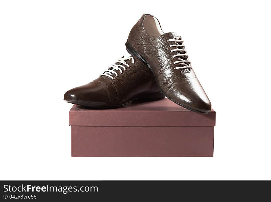 Pair of brown male shoes in front of sale box over on isolat background. Pair of brown male shoes in front of sale box over on isolat background