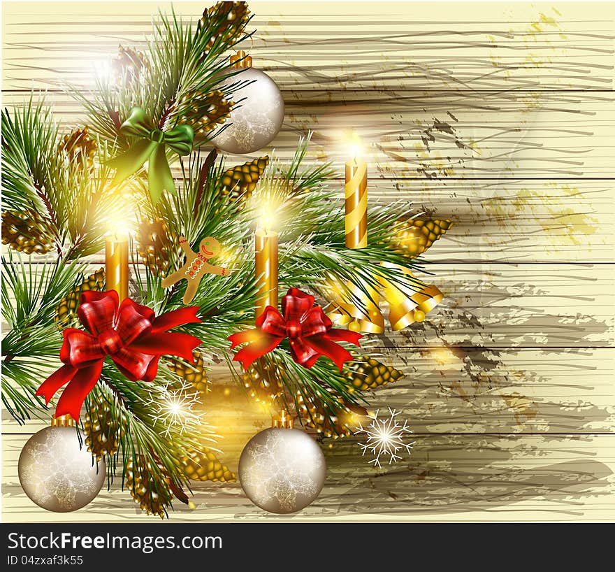 Christmas background with decorated  pine branches on wooden tex