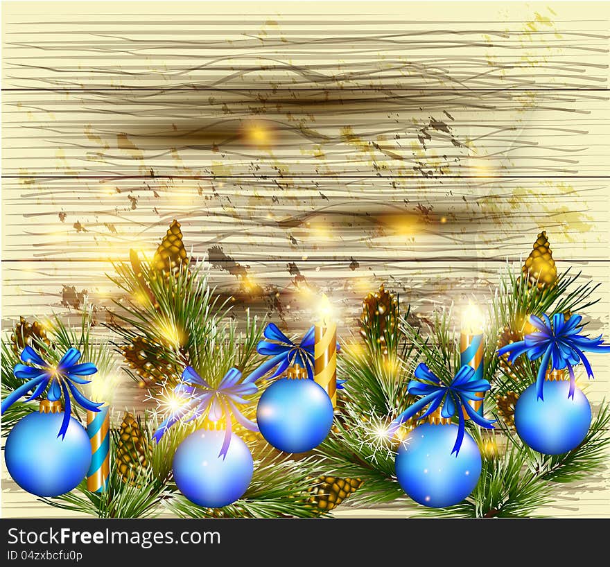 Christmas card with detailed pine branches and blue baubles. Christmas vector. Christmas card with detailed pine branches and blue baubles. Christmas vector