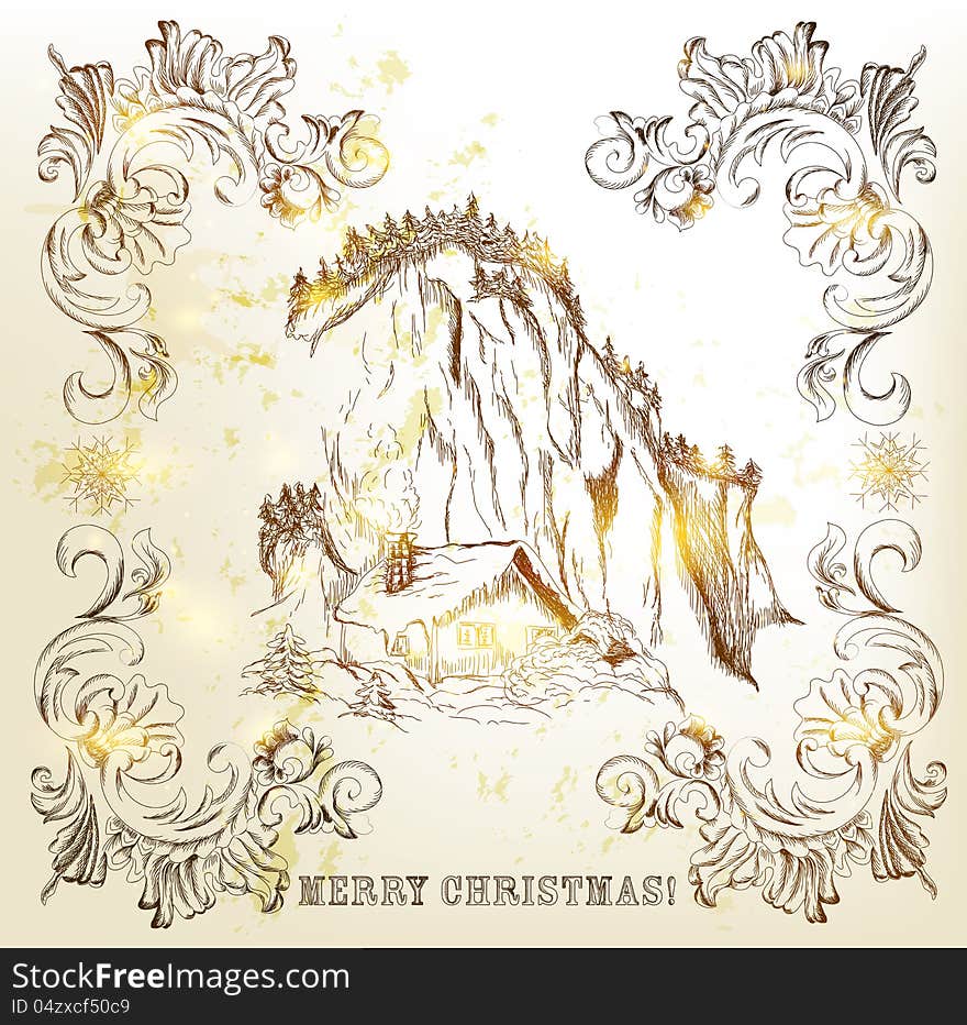 Christmas vector. Christmas card with hand drawn winter scenery