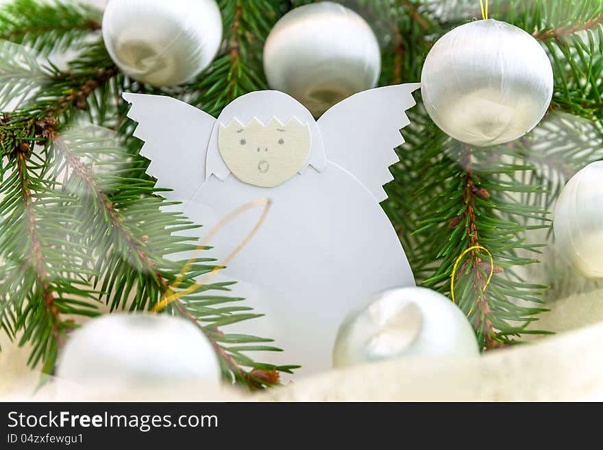 Christmas Card With Paper Angel, Balls And Spruce Twig