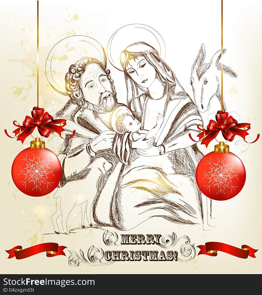 Christmas Hand Drawn Greeting Card With Holy Family