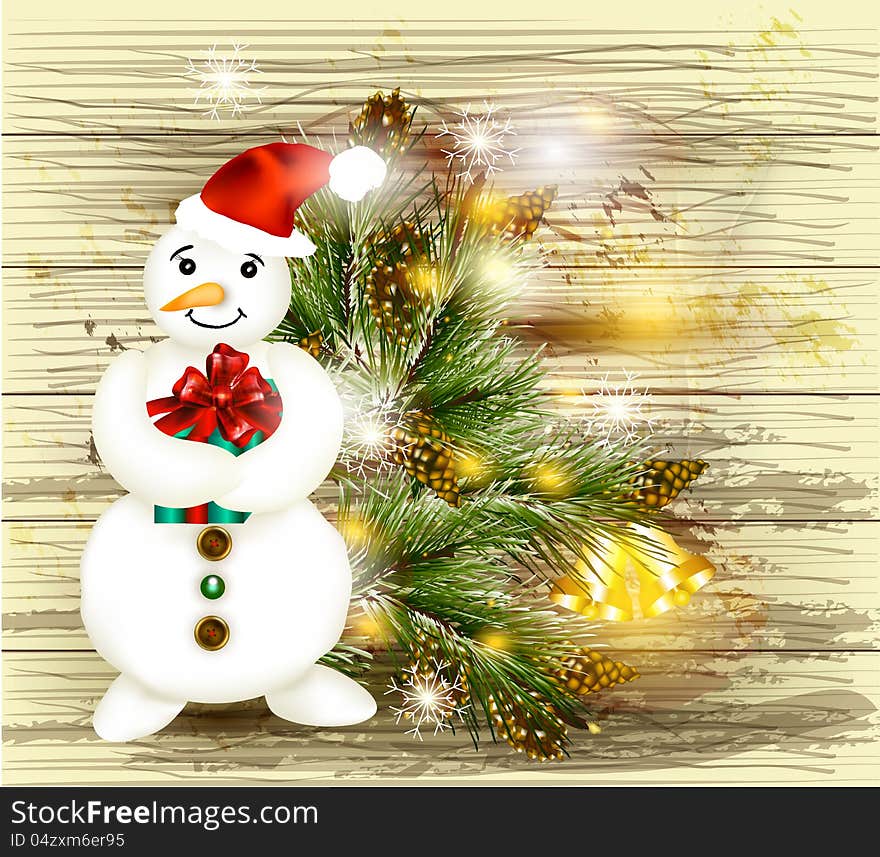 Christmas vector Greeting Christmas and New Year card with snowman holding gift. Christmas vector Greeting Christmas and New Year card with snowman holding gift