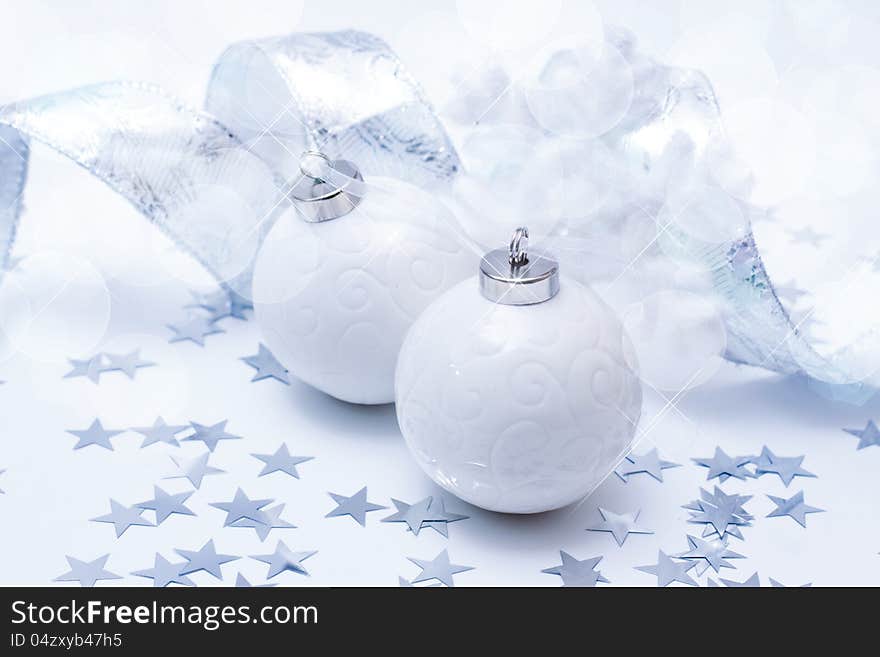 Christmas white balls on white background. Christmas white balls on white background