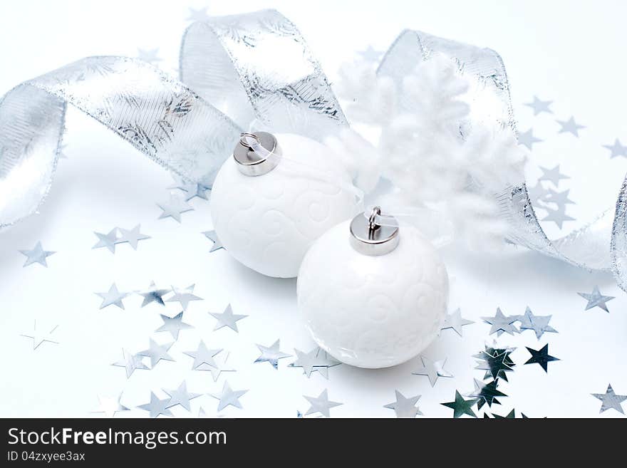 Christmas white balls on white background. Christmas white balls on white background