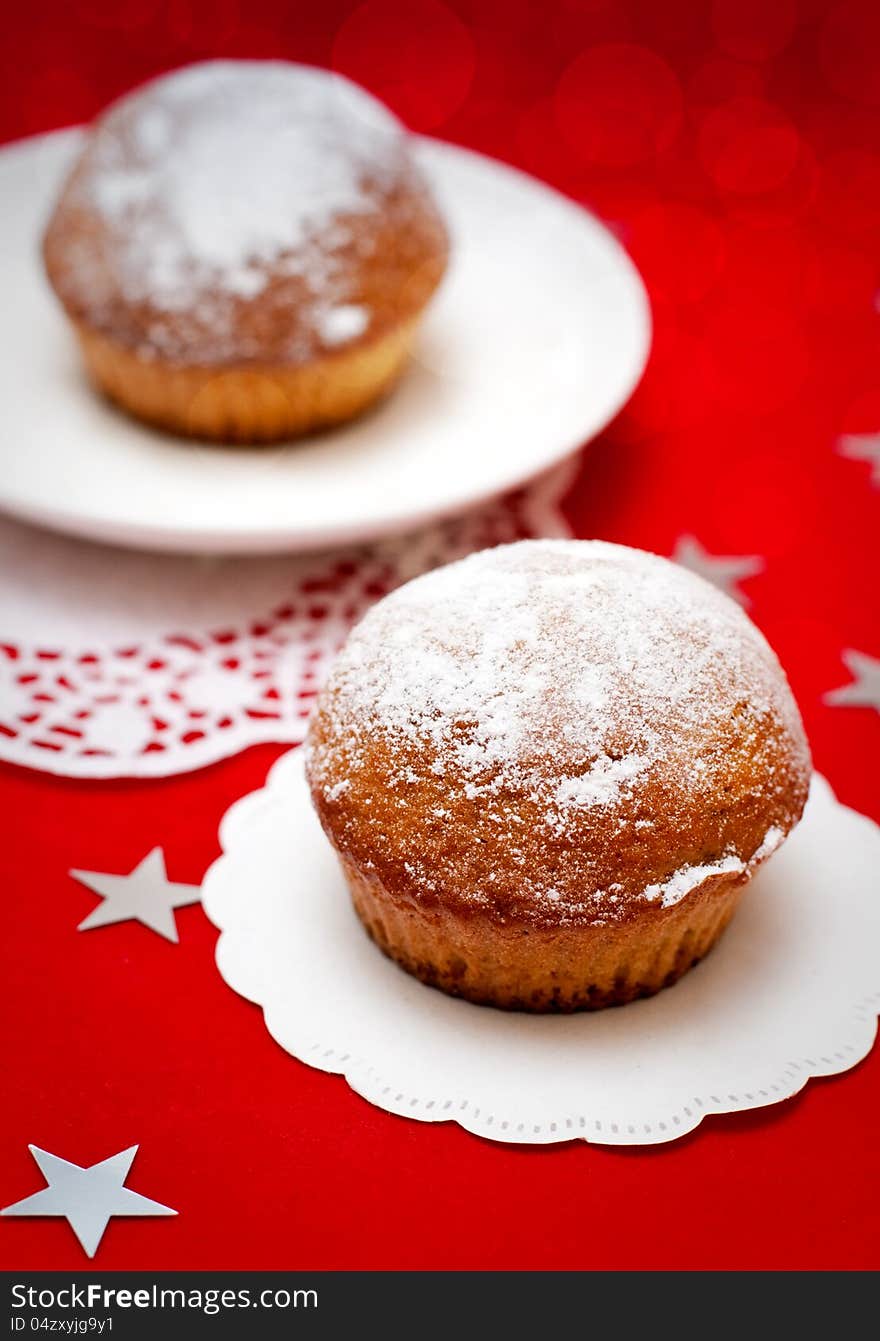 Christmas muffins on red background. Christmas muffins on red background