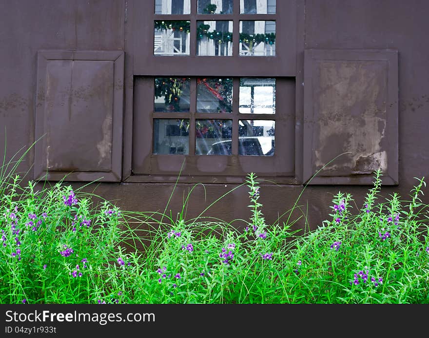 Wooden window near the flowers. Wooden window near the flowers.