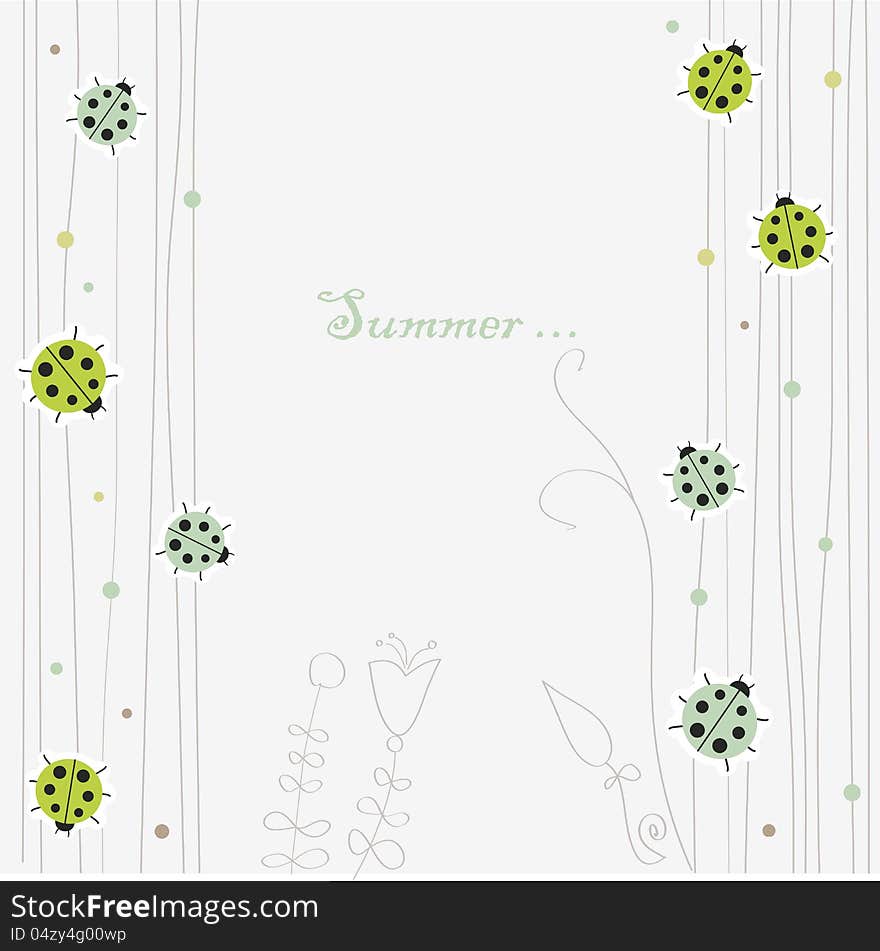 Summer retro background with abstract flowers and ladybirds