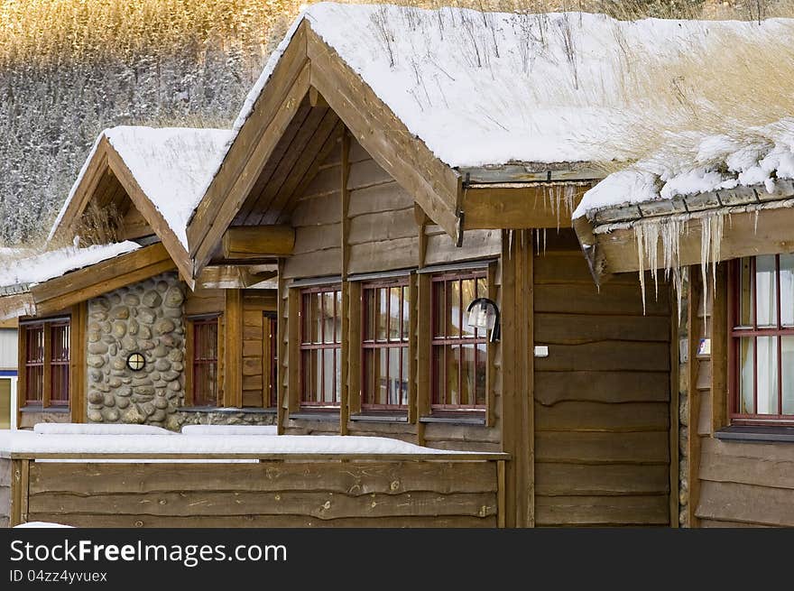 Norvegian wooden house in winter