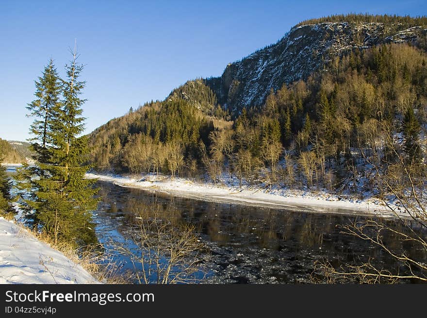 Winter river scenery in Norway. Winter river scenery in Norway