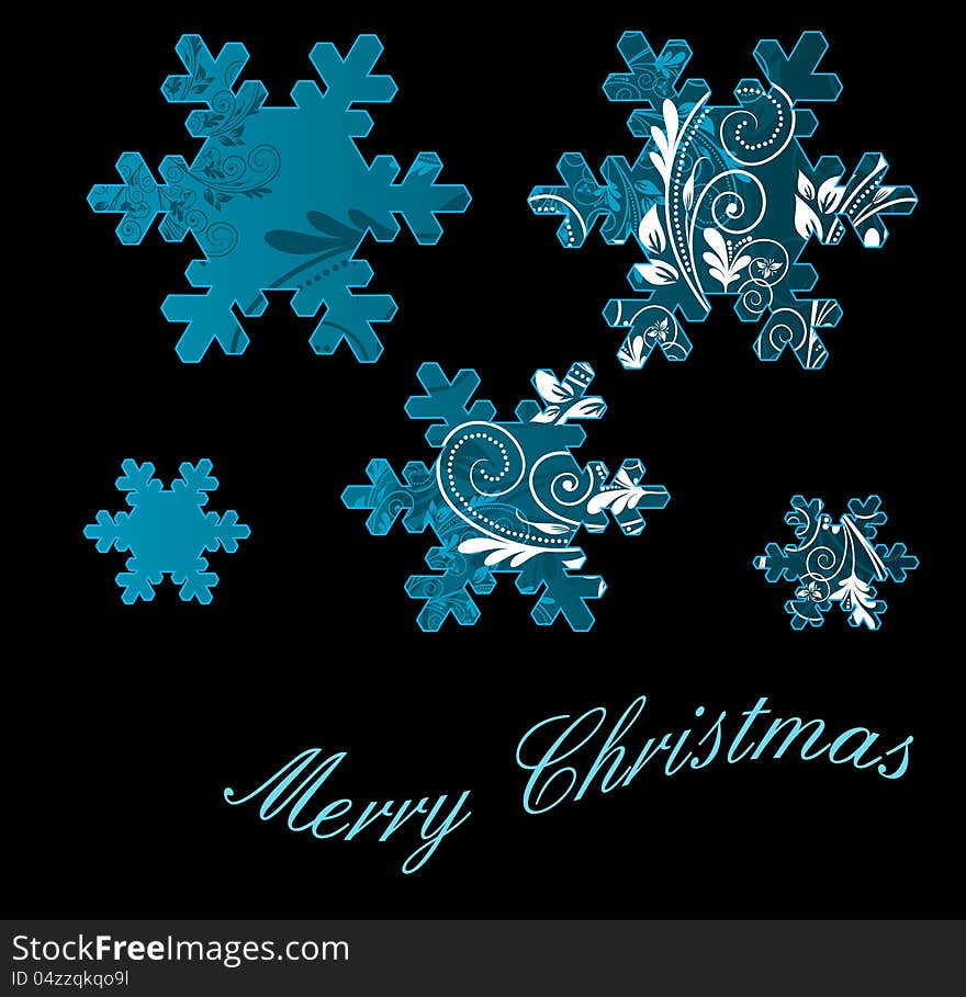 Blue and White Snowflakes on a black background with Christmas wishes. Blue and White Snowflakes on a black background with Christmas wishes