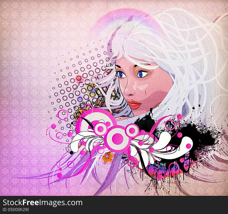 Illustration of grunge background with girl and florals. Illustration of grunge background with girl and florals.