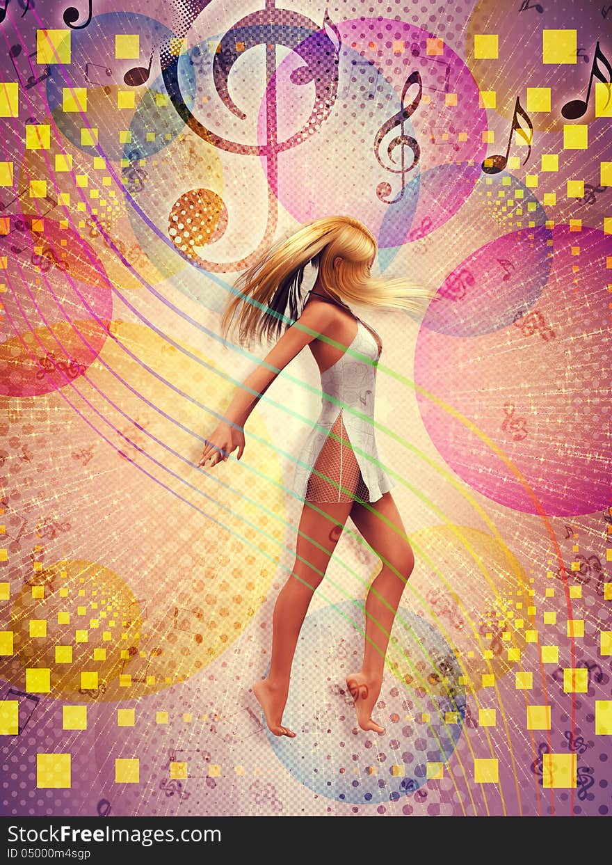 Illustration of pretty 3d woman dancing on a colourful vintage background. Illustration of pretty 3d woman dancing on a colourful vintage background.