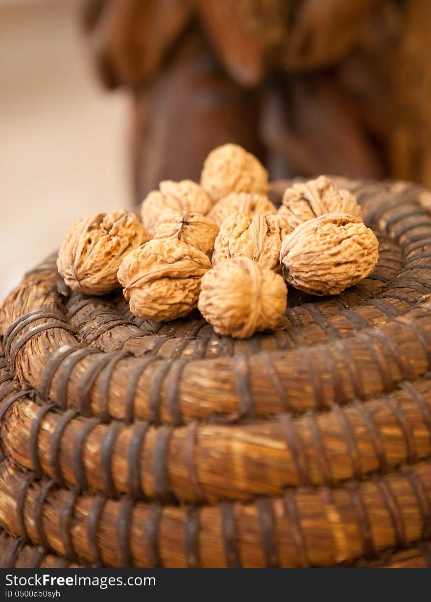 Group of giant organic walnuts on the pannier