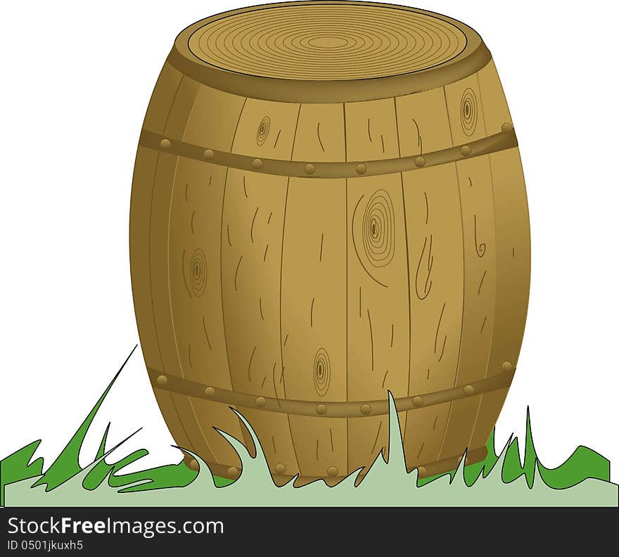 Cartoon barrel, standing on the grass on a white background. Cartoon barrel, standing on the grass on a white background