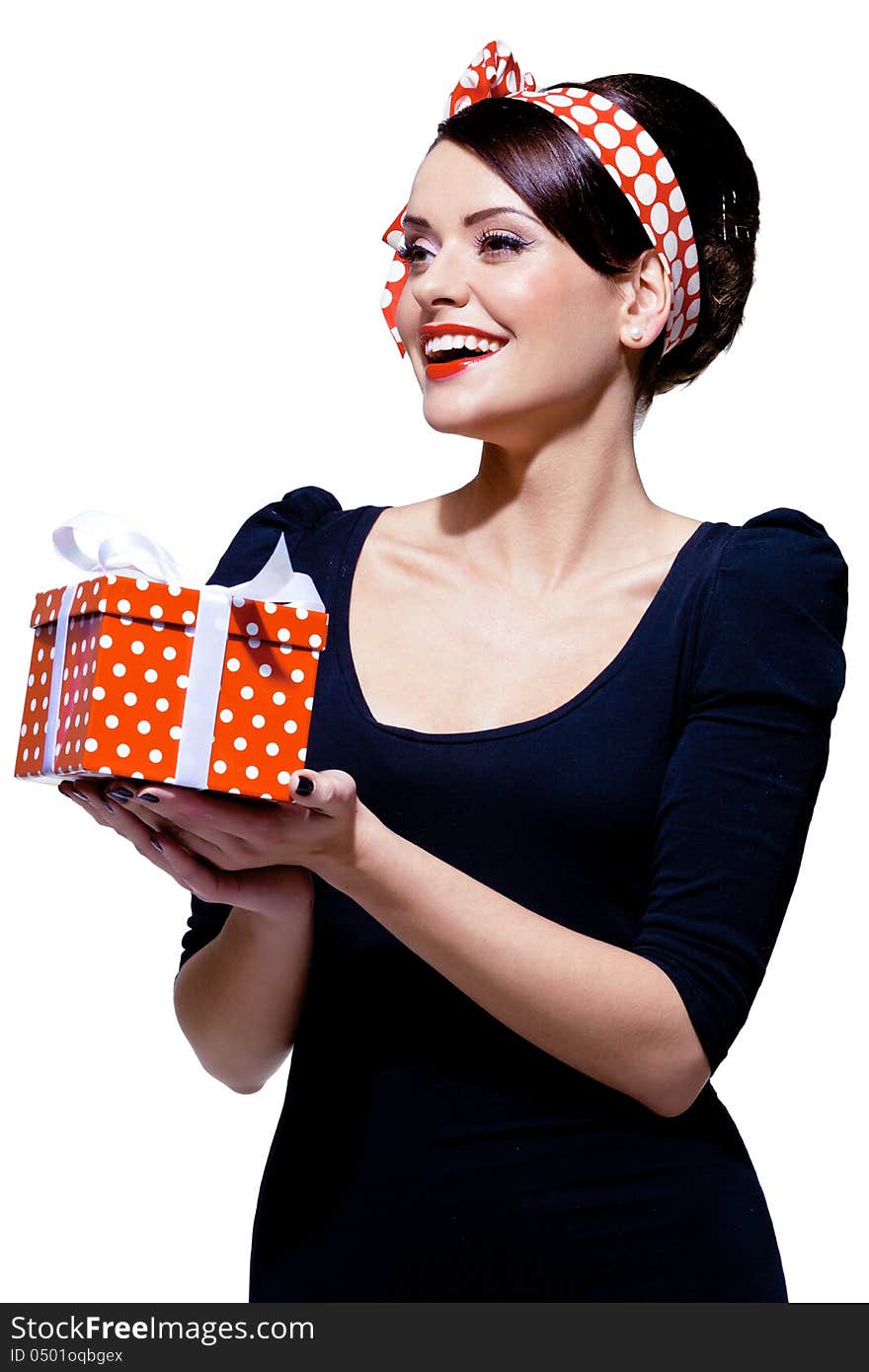 Young gorgeous brunette with gift box, isolated on white