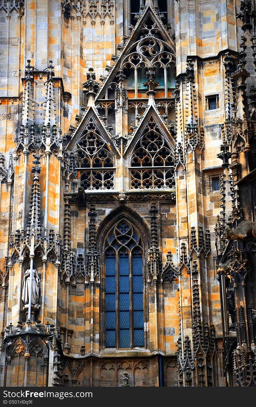 Details of gothic decorations on Stephansdom walls in Vienna