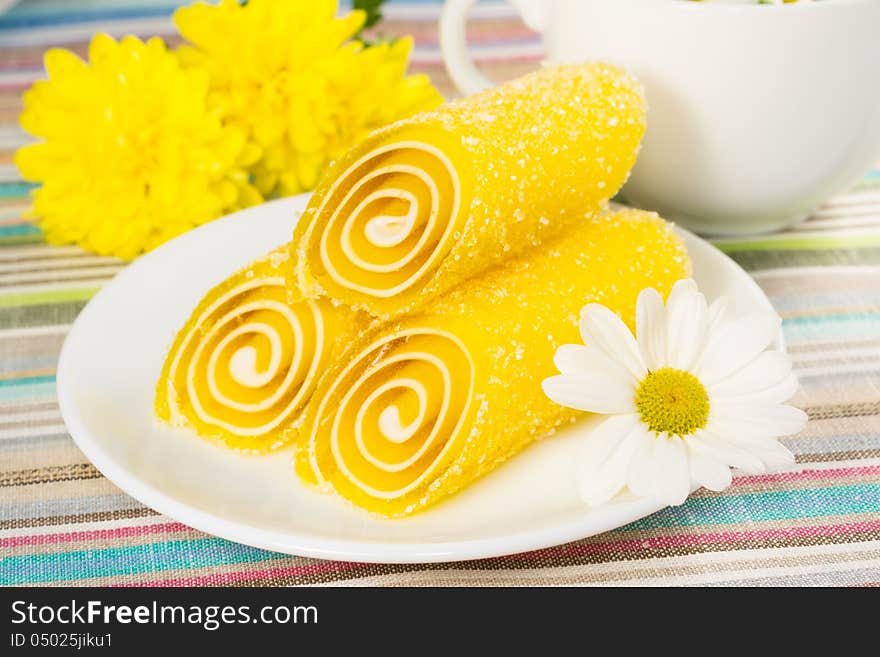 Yellow Candy Fruit On A Plate, Closeup