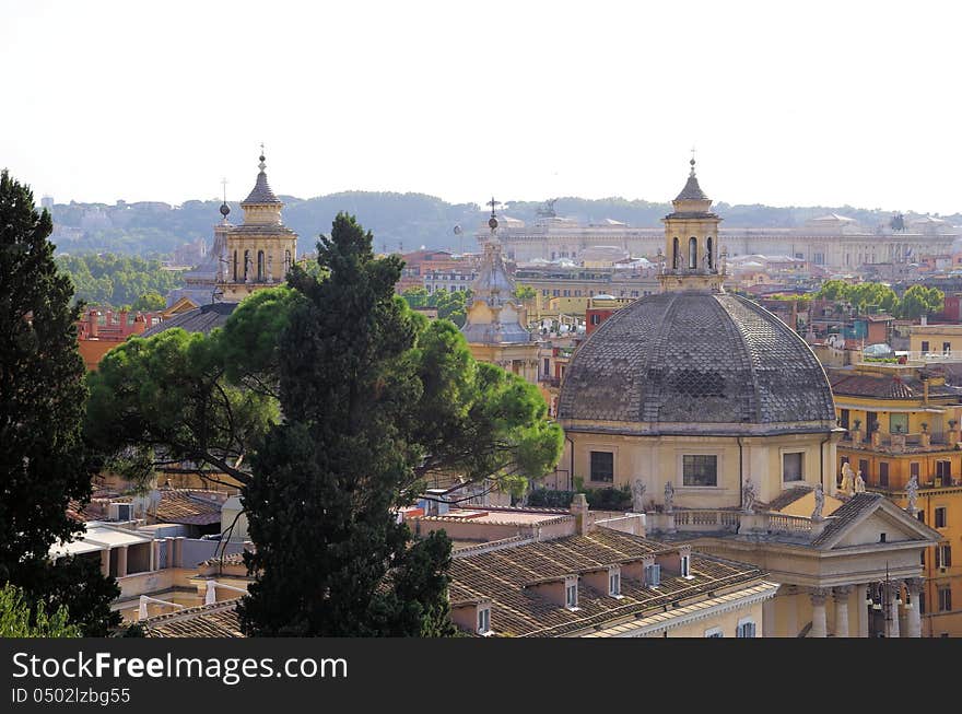 Beaituful view over the city of Rome and the twinchurches Santa Maria in Montesanto and Santa Maria dei Miracoli. Beaituful view over the city of Rome and the twinchurches Santa Maria in Montesanto and Santa Maria dei Miracoli